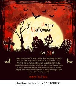 Red grungy halloween background with full moon, tombstones and bats. Vector Illustration.
