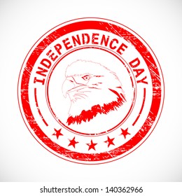 Red grungy rubber stamp for American Independence Day with national bird eagle.