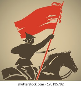 Red guard with red flag in his hand fighting for the Soviet authorities retro vector illustration