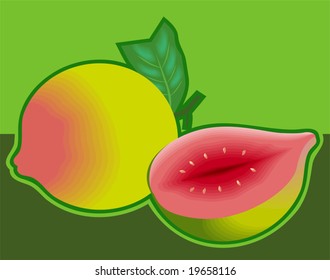 red guavas in green background	