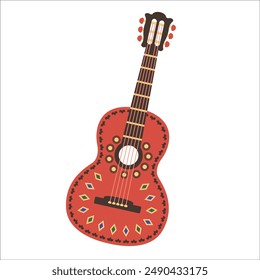 Guitarra roja aislada sobre fondo blanco. Instrumento tradicional mexicano. Dibujo de elementos musicales nacionales por color flores y adorno mexicano. Ilustración vectorial