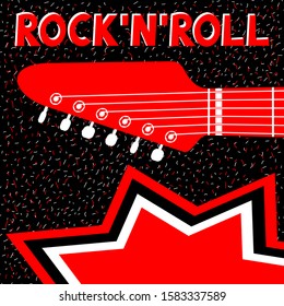 Red guitar neck with red rock and roll inscription on black background. Design of posters rock and roll festival. Vector Illustration