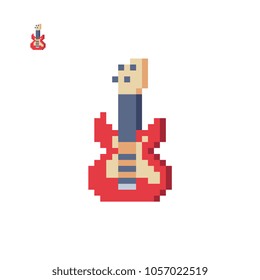 Red guitar pixel art flat style icon. Design for sticker, logo music shop, mobile app and embroidery. Game assets 8-bit sprite. Isolated vector illustration.