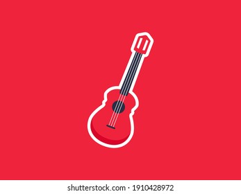 Red guitar, ukulele Isolated on Color Background. Flat Sticker Printing Concept Design. Vector illustration. Suitable for Icons, Stickers and Poster Backgrounds.