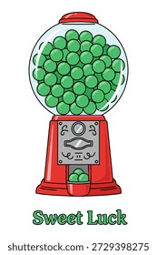Máquina de chicle roja llena de caramelos verdes. Dulce suerte y tema del día de San Patricio. Antiguas dispensador de dulces.