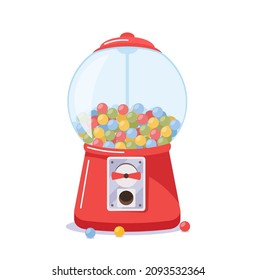 Máquina de Gumballo Rojo con ranura de vidrio y moneda redondeada transparente, dispensador de caramelos con chicles y dulces de arcoiris coloridos, juguete infantil aislado en fondo blanco. Ilustración del vector de dibujos animados, icono