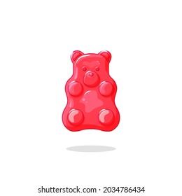 Red gummy bear on a white isolated background. Cute sweets for children. Vitamins. Vector cartoon illustration.