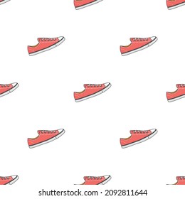 Red gumshoes seamless pattern. Cartoon image of shoes. Fill for your design. Isolated vector white background.