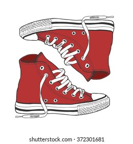 Red gym shoes - by hand the drawn illustration. Vector art.