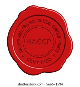 Red HACCP (Hazard analysis and critical control points) round wax seal on white background