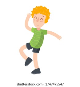 Red hair boy dancing. Man in green clothes and shorts on the move. Funny kid. Children drawing and activity. Cartoon flat illustration isolated on white
