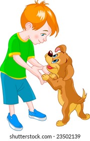 Red Hair boy playing with cute puppy