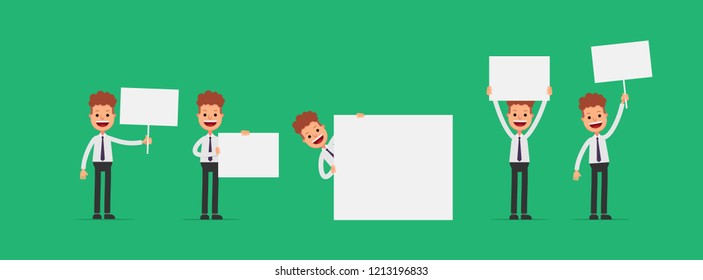 Red hair businessman holding blank sign, board. Flat design vector illustration, cartoon style.