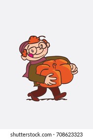 red hair child with big pumpkin between arms. Character of boy, funny style, isolated.
