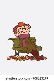 red hair child resting, relaxing, in the park. Character of boy, funny style, isolated.
