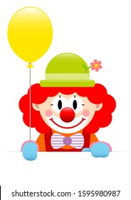 Red Hair Clown Holding Yellow Balloon And Horizontal Banner