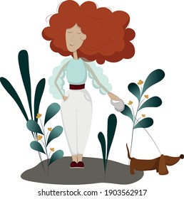Red hair curly girl walking out with her dog