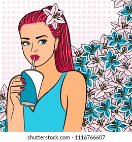 Red hair cute girl with cup of drink. Spring, summer floral background and young woman, vector illustration