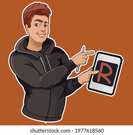 red hair designer boy in hoodie hold on hand tablet vector illustration sticker