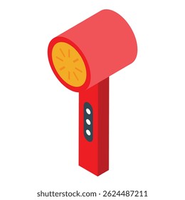 Red hair dryer blowing hot air, device for drying hair, isometric view