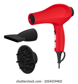 Red hair dryer for drying hair and two nozzles to it - diffuser and concentrator. Vector illustration on white background.