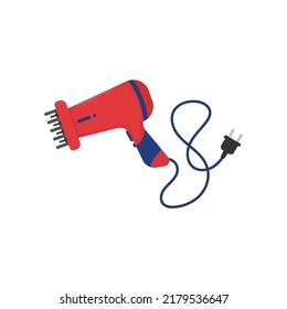 Red hair dryer with wire and plug. Hairdrier with diffuser vector illustration. Beauty salon or domestic equipment for hair and fashion. Flat style vector image. Deffuser for hairdrier.