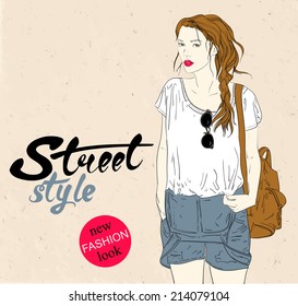Red hair fashion girl with bag on grunge. Graffiti letters on the wall. Hand drawn vector illustration