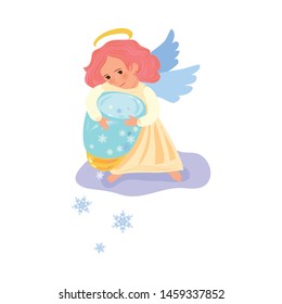 Red hair girl angel with white wings gives snowflakes