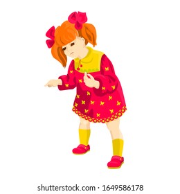 Red hair girl with bow in red dress shows a finger. Kid game. vector Illustration for concept design. Cartton style. Unique design.