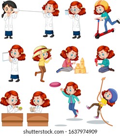 Red hair girl doing different activities illustration