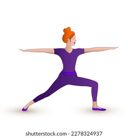 Red hair girl doing Virabhadrasana yoga posture. Slim woman in hatha yoga warrior pose on the mat. Young yogi girl in well balanced posture. Slender woman vector illustration. Healthy lifesty.