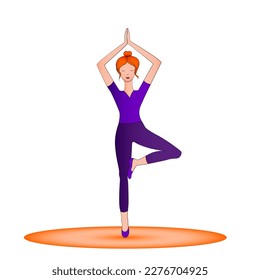 Red hair girl doing vrikshasana yoga tree posture. Slim woman in vrksana hatha yoga tree pose on the mat. Young yogi girl in well balanced posture. Slender woman vector illustration. Healthy lifestyle