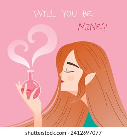 Red hair girl holding a love potion on pink background with inscription "will you be mine?" Valentine's Day, card, love, celebration. 