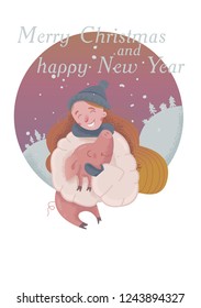 A red hair girl holds a symbol of the New Year a little pig on the background of a winter landscape. Vector illustration, greeting card, background.