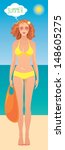Red hair girl on a beach. Vector illustration. 