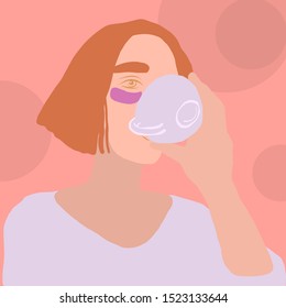 red hair girl with patches under her eyes drinks from a cup. portrait of a woman in trendy minimalistic flat style