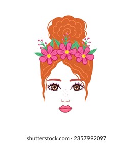 red hair girl with pink flower wreath. Vector Illustration for printing, backgrounds and packaging. Image can be used for greeting cards, posters, stickers and textile. Isolated on white background.