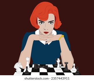 Red Hair Girl Playing Chess inspired by Beth from the movie The Queens Gambit with Abstract Background