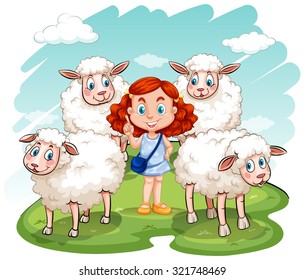 Red hair girl and sheeps on the field illustration
