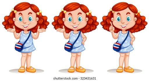 Red hair girl in three poses illustration