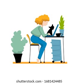 Red hair girl working from home, with notebook, cat and flowerpot. Work from home concept vector illustration on white background. Freelance worker. Stay at home during coronavirus pandemic quarantine