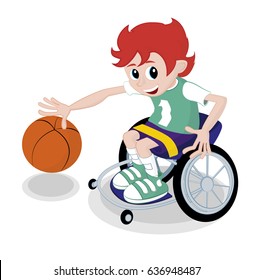 Red Hair Kid In A Wheelchair Playing Basketball.