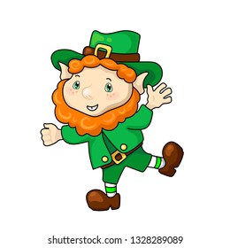 Red hair leprechaun dancing. Saint Patrick's Day vector illustration on white background. Smiling dwarf in green shamrock. Cute character for St Patrick Day design. Funny leprechaun or irish dwarf