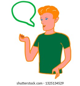 Red hair man with talking bubble. Raised hand, hand up. Young guy in casual clothes with speech balloon. Flat style illustration for design, advertising, banner, web, poster, print, presentation 