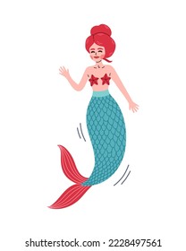 Red hair mermaid with blue red tail, swimming mermaid. Cute Mermaid vector, for t shirts or children books.