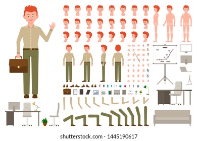 Red hair office worker cartoon character body parts creation set. Waving young man in green pants vector illustration