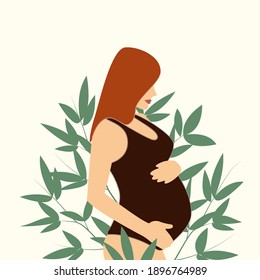 Red hair pregnant woman in body in nature with leaves in background. Vector illustration concept in minimal style. Contemporary artwork. EPS 10.
