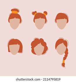 Estilos rojos de cabello vectorial establecido para la mujer. Niña Estilo pelo ilustración para web y móvil.