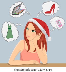 red hair teenage girl with santa hat wish some gift for a christmas