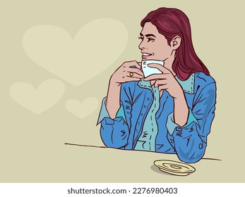 Red hair woman with coffee cup vector for card, decoration, illustration